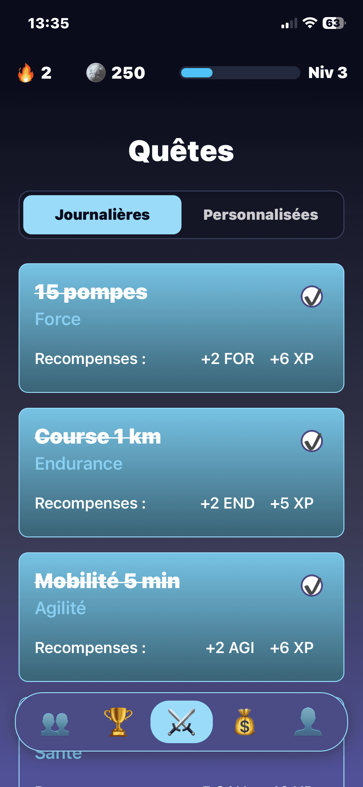 Capture de l'écran Quêtes de l'application Level Up : Ascension